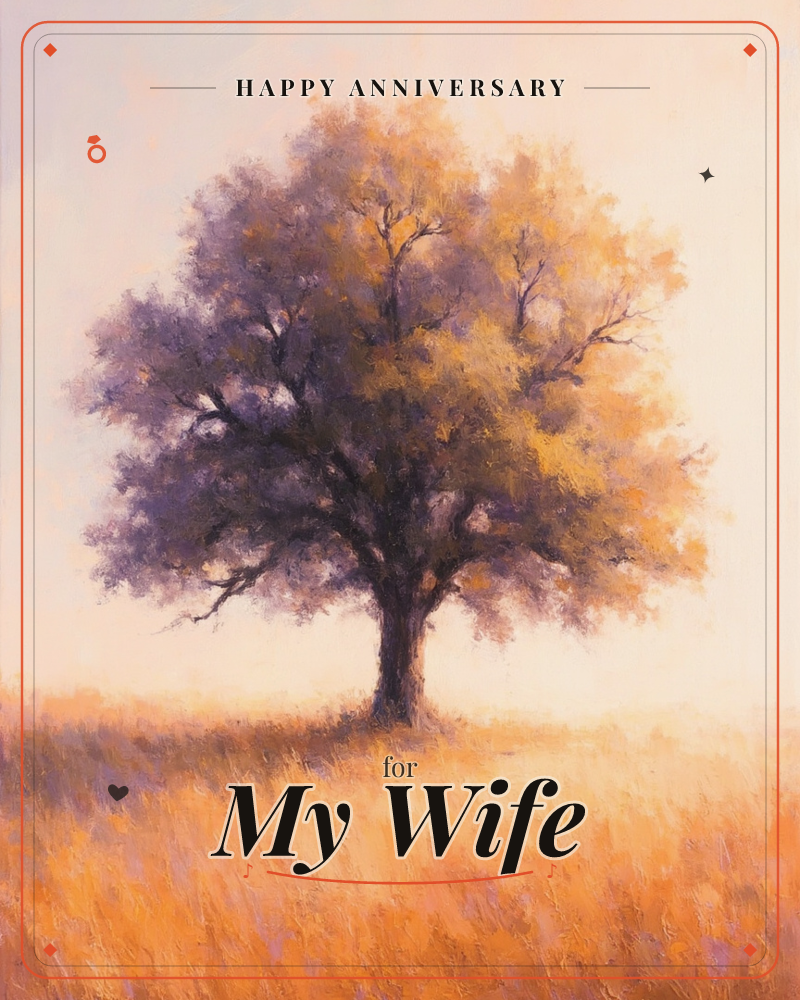 A single broad-canopied tree stands alone in an open field, its leaves painted in soft gold and dusty lavender as if lit by a low autumn sun, a anniversary e-card design