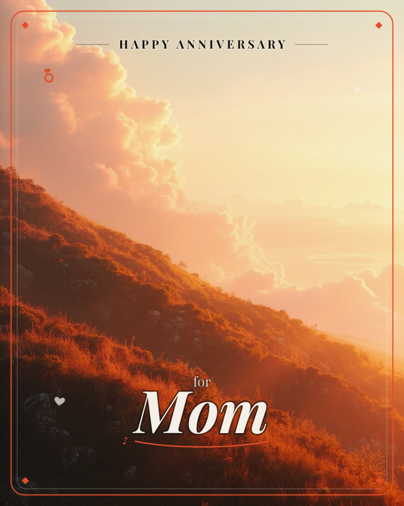 A steep hillside slopes down through scrubby grass and low bushes, lit gold and rust by a low sun, a anniversary e-card design
