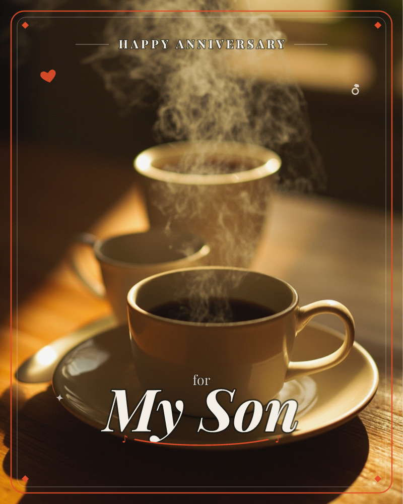 Three cups of dark coffee sit on a wooden table, steam curling upward and catching a low, golden light, a anniversary e-card design
