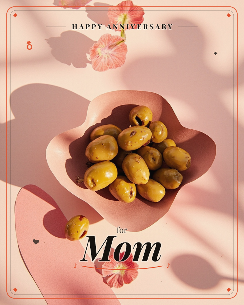 A wavy blush-pink dish sits on a pale pink surface, filled with plump green olives glistening under strong sunlight, a anniversary e-card design