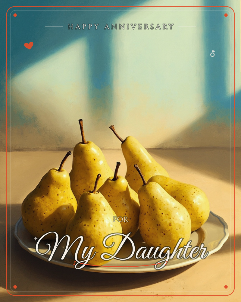 A plate piled with golden-yellow pears sits on a bare tabletop, their speckled skins catching warm afternoon light, a anniversary e-card design