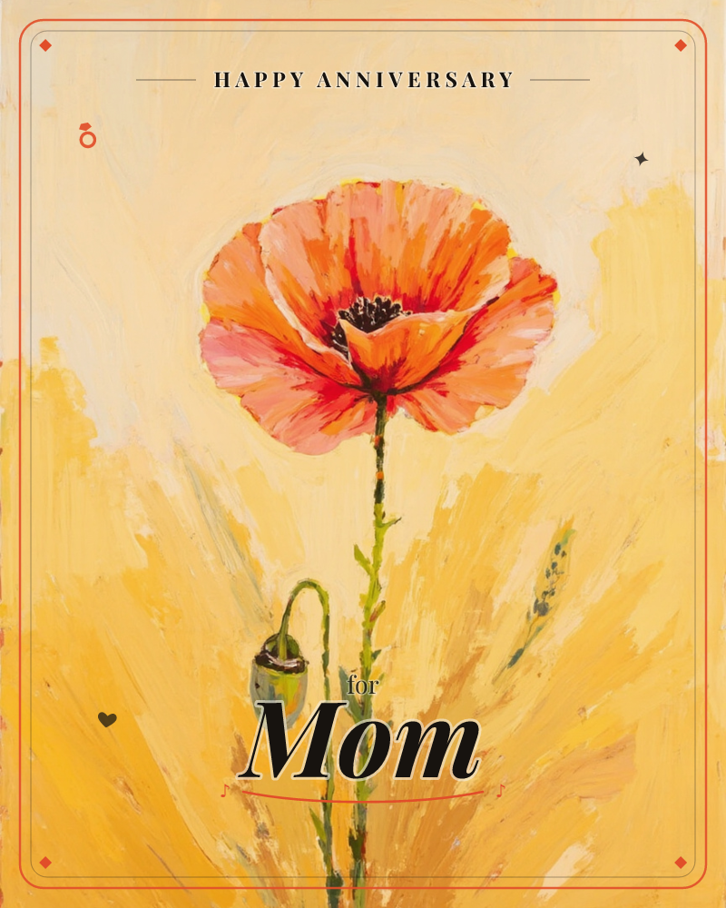 A single orange poppy stands tall against a warm golden-yellow background, its papery petals fully open around a dark seed head, a anniversary e-card design