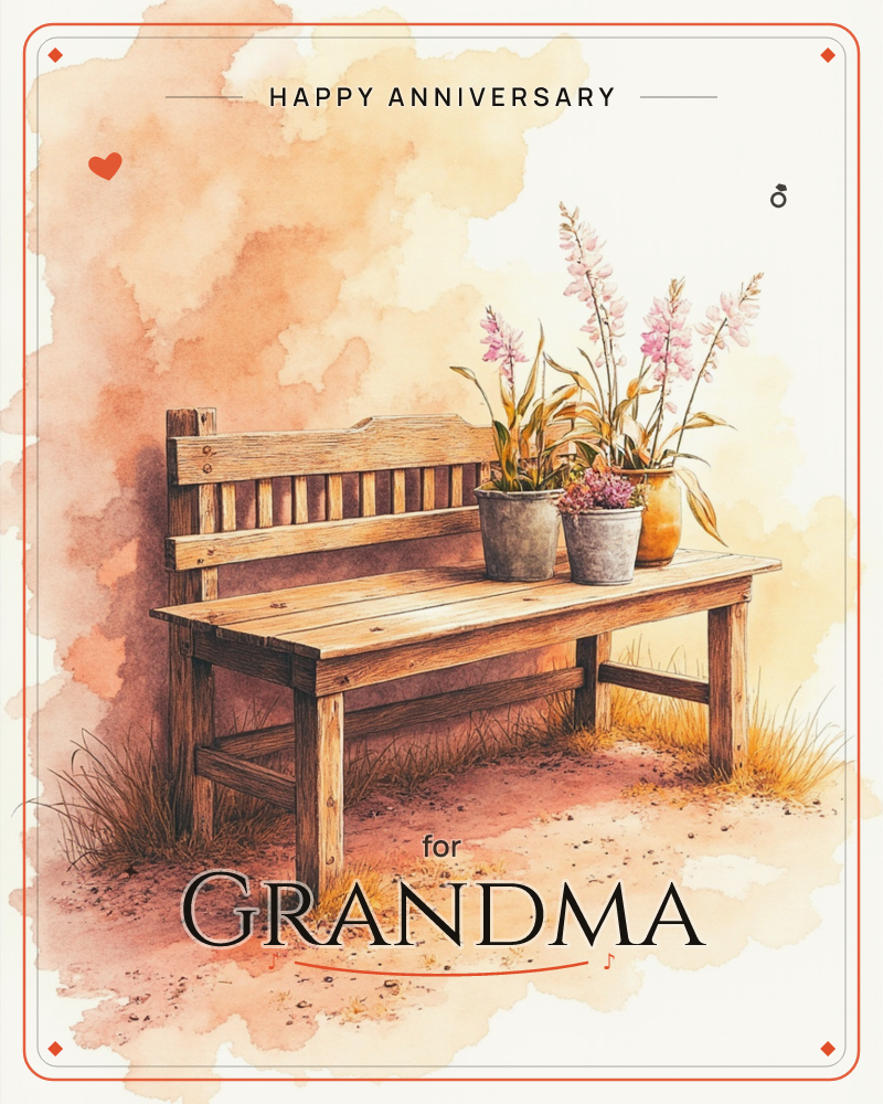 A weathered wooden bench sits alone on bare earth, three potted plants arranged along its seat with tall pink blossoms leaning outward, a anniversary e-card design