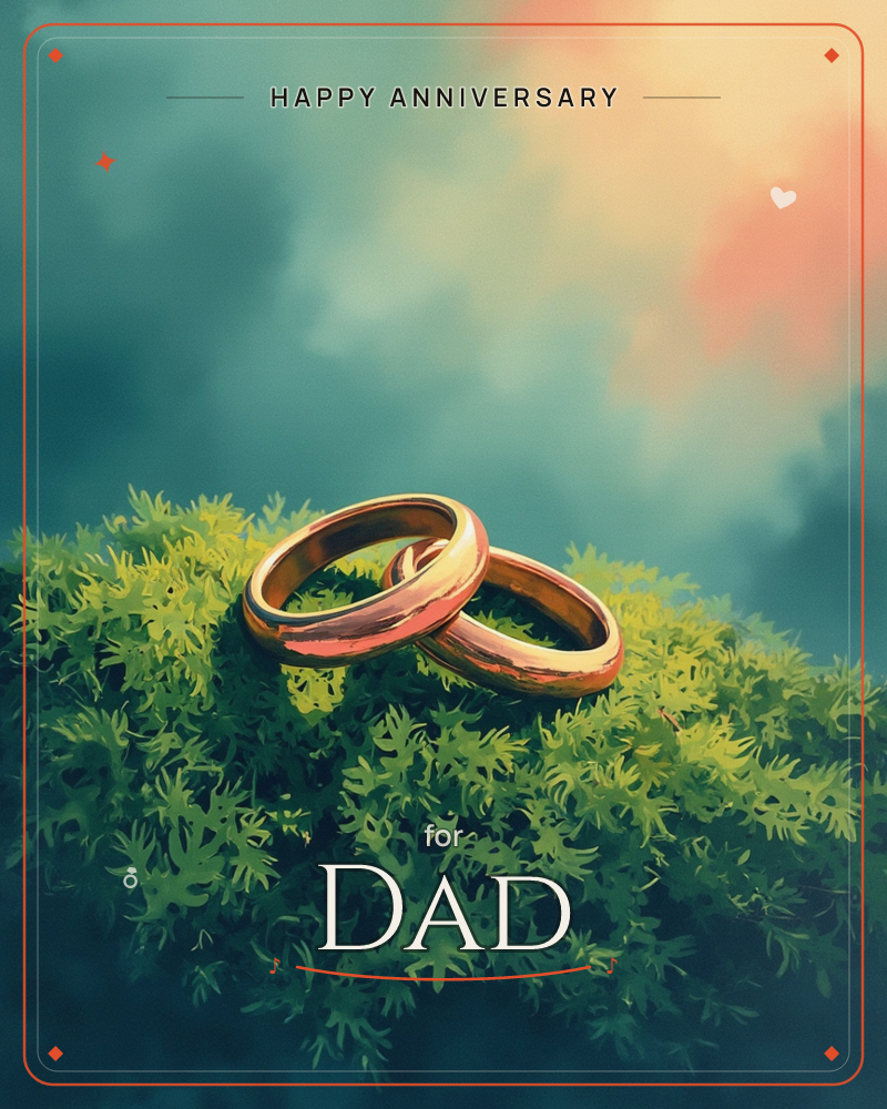 Two interlocked gold wedding rings rest on a soft bed of mossy green foliage, glowing warmly against a moody teal sky streaked with peach light like a…, a anniversary e-card design