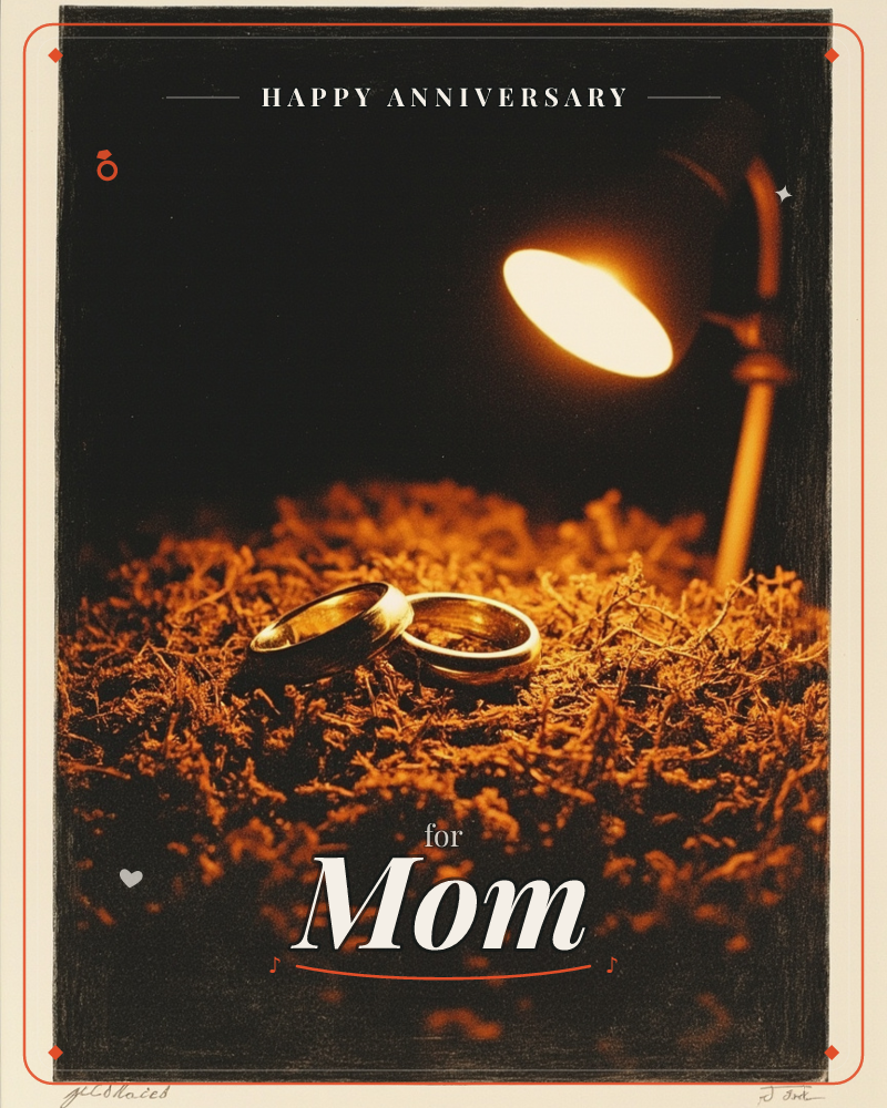 Two gold wedding rings rest side by side on a bed of dry, moss-like straw, lit dramatically by a single small lamp against a near-black background, a anniversary e-card design