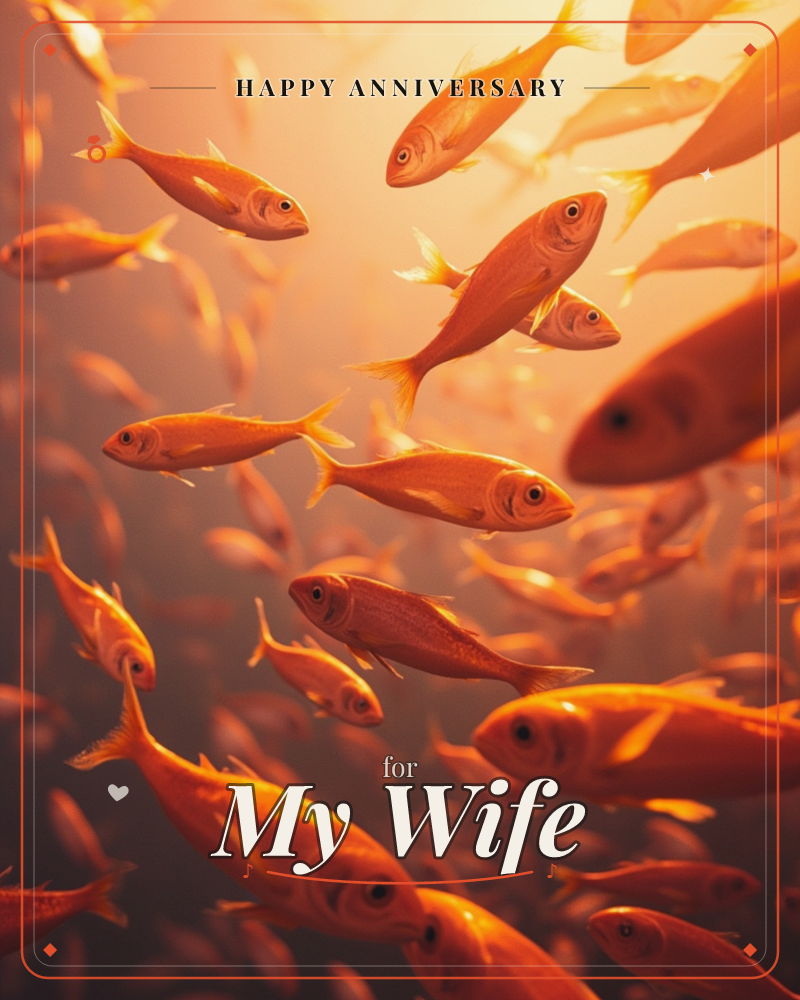 A dense school of orange-gold fish glides through glowing amber water, their bodies catching a warm light that seems to pour in from somewhere above, a anniversary e-card design