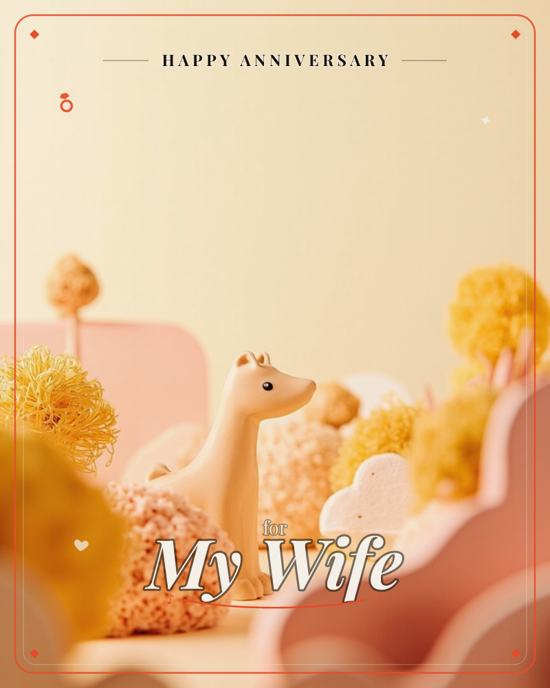 A small cream-coloured toy fox figure stands amid a miniature tabletop landscape of textured pom-pom bushes, fuzzy yellow trees, and rolling…, a anniversary e-card design