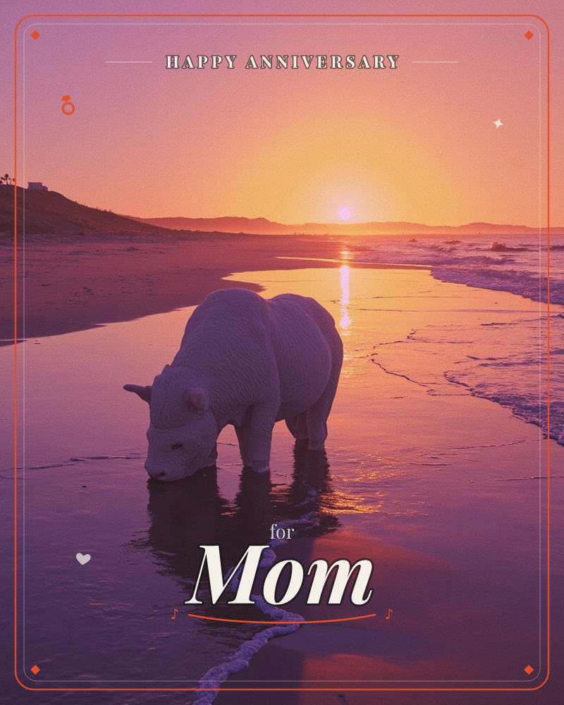A pale rhino stands at the edge of a wet shoreline, dipping its head to drink as the sun sets in a wide band of gold and violet ahead, a anniversary e-card design