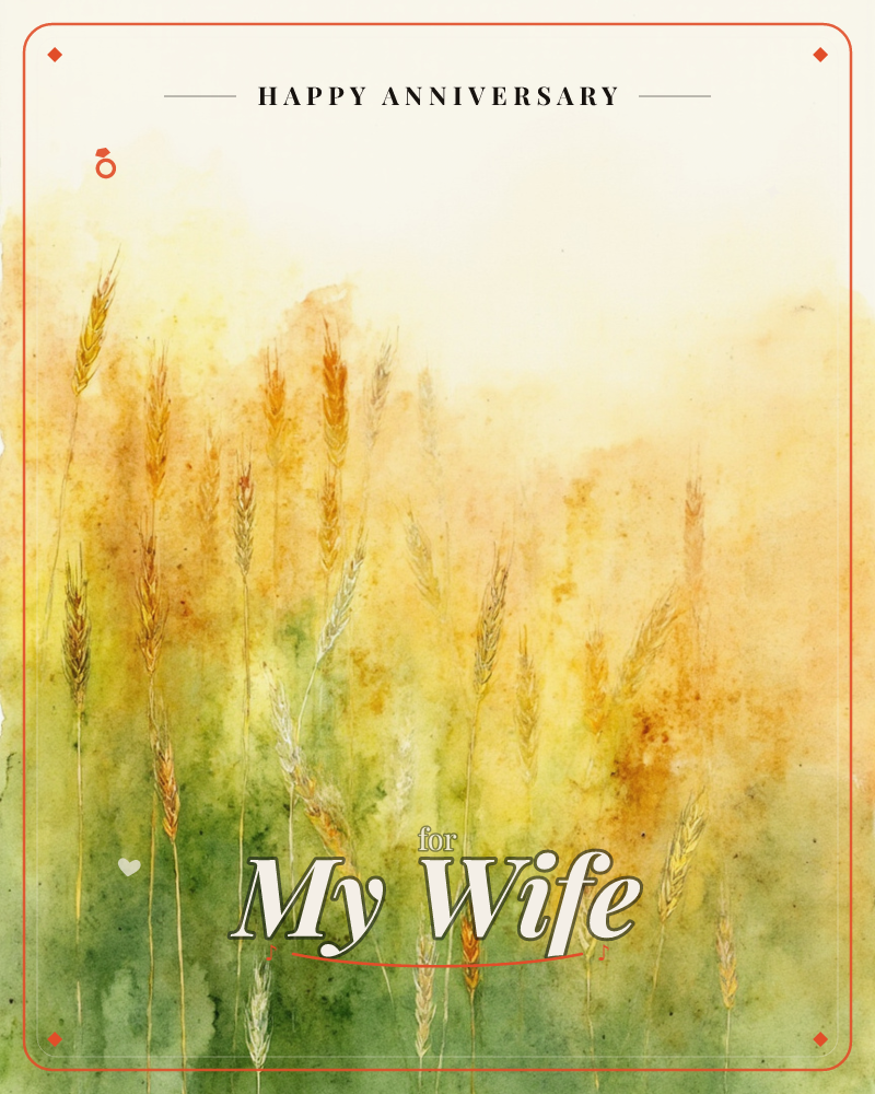 Tall stalks of wheat and grass stand against a soft wash of golden amber fading into green at the base, with a pale cream sky above, a anniversary e-card design