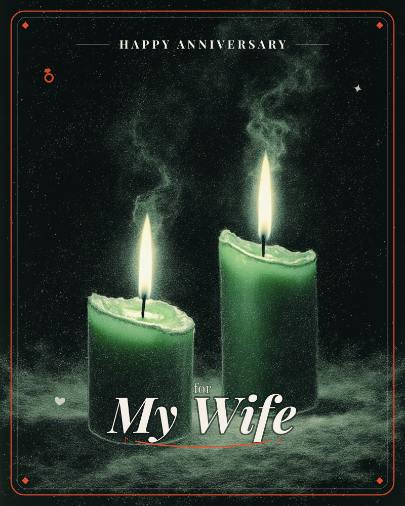 Two green pillar candles of different heights burn against total black, their flames tall and steady with wisps of smoke curling upward, a anniversary e-card design