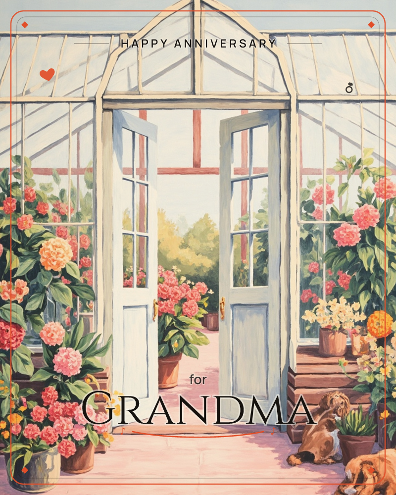A glass greenhouse with pale blue-framed double doors thrown open, revealing rows of potted flowers in coral, pink, and gold spilling along both sides…, a anniversary e-card design