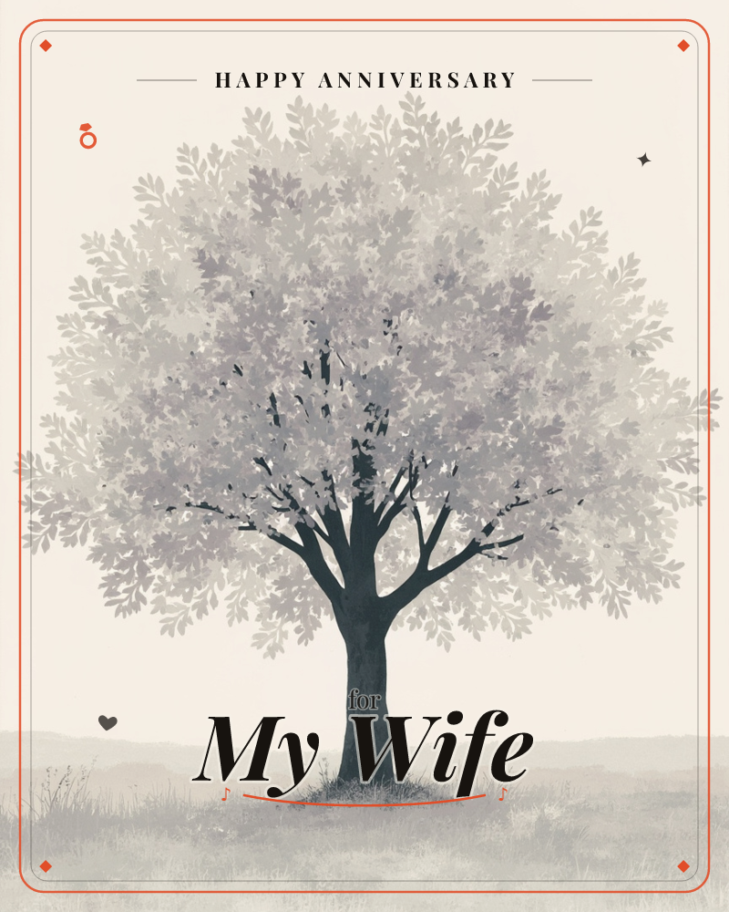 A single tree stands alone in a misty field, its dark trunk splitting into branches that hold a soft, cloud-like canopy of pale leaves, a anniversary e-card design