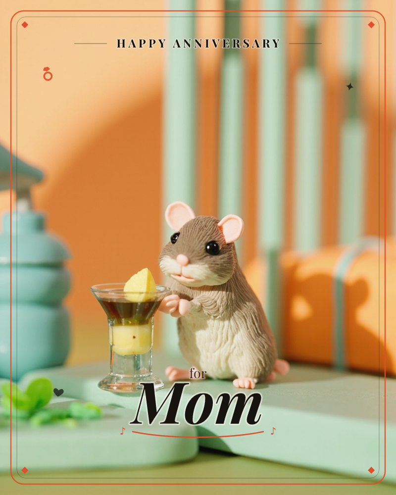 A small, big-eared mouse figure sits beside a tiny cocktail glass topped with a lemon wedge, its paw resting curiously on the rim, a anniversary e-card design