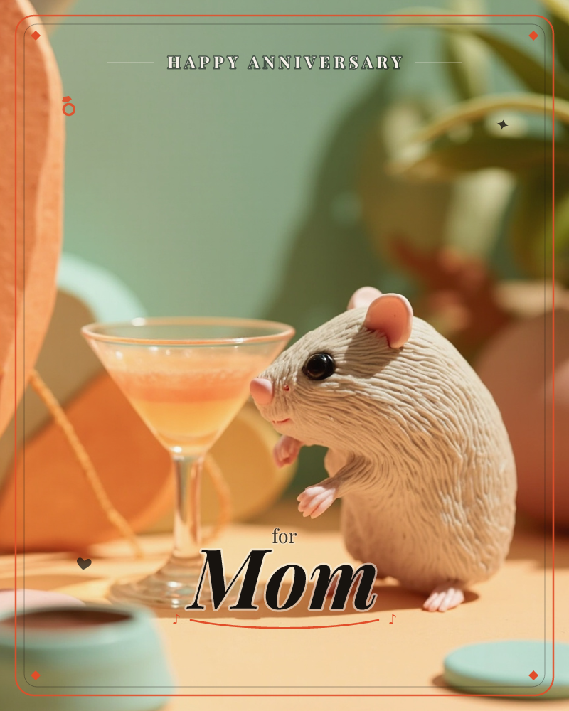 A small, sculpted mouse stands on its hind legs beside a miniature martini glass filled with a peachy orange cocktail, set against a warm peach…, a anniversary e-card design
