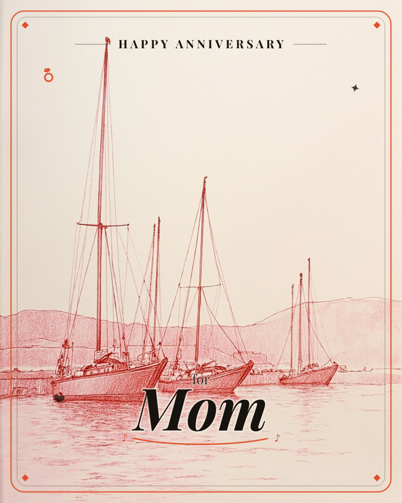 A monochrome sketch rendered entirely in warm red-pink tones shows three sailboats moored in a calm harbour, their tall masts and rigging lines…, a anniversary e-card design