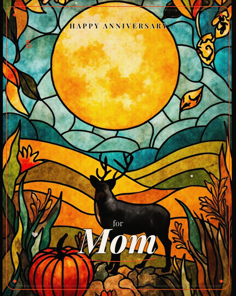 A stained-glass style illustration shows a stag standing on rolling autumn hills beneath a huge golden harvest moon, a anniversary e-card design