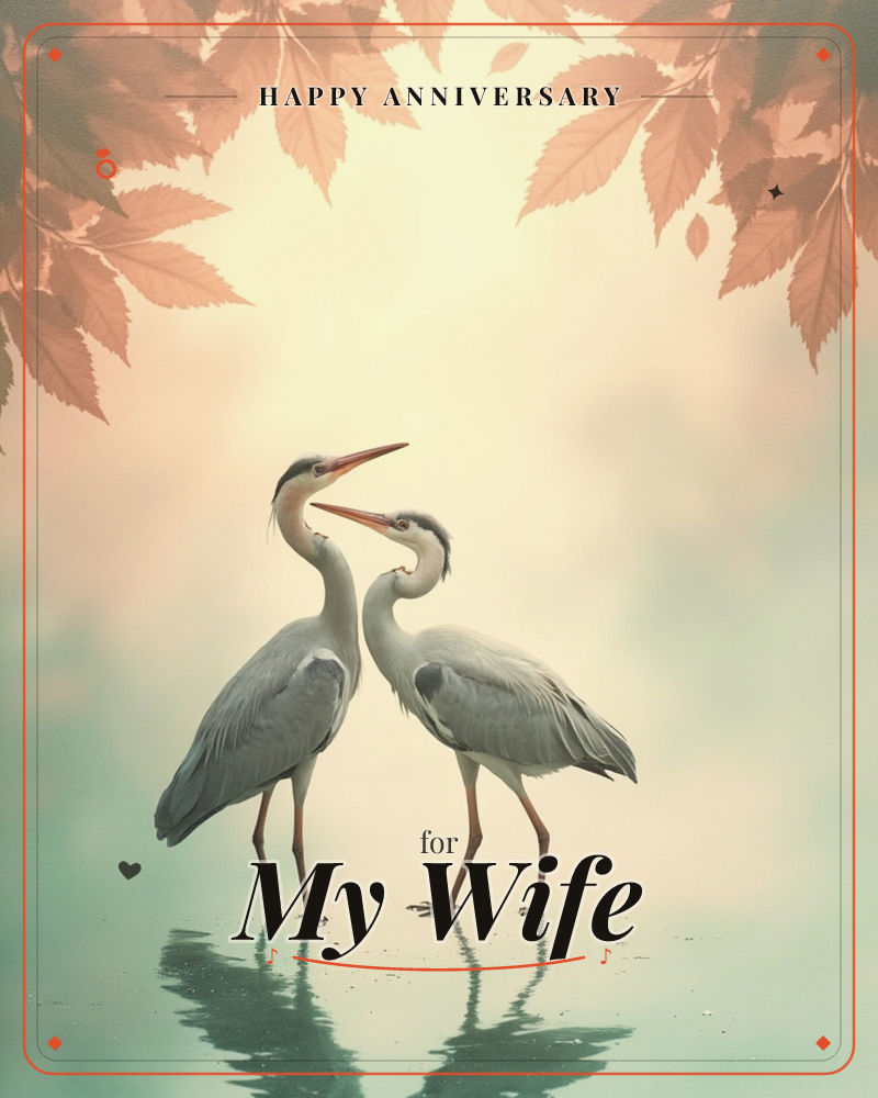 Two grey herons stand face to face in shallow water, beaks nearly touching as if mid-conversation, framed by an arch of rust-coloured autumn leaves…, a anniversary e-card design