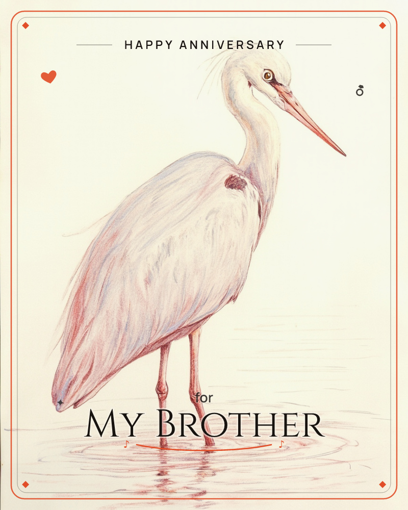 A white egret stands still in shallow water, its long coral-pink legs breaking the surface into faint circular ripples, a anniversary e-card design