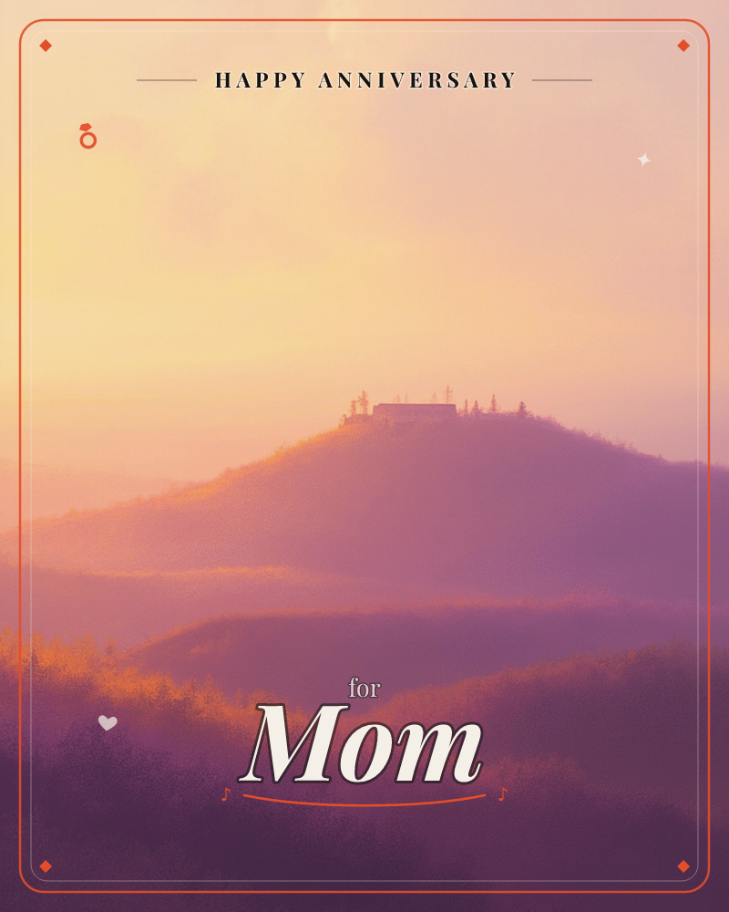 A small hilltop chapel with a slender steeple sits atop a rolling hill, silhouetted against a glowing sunset sky, a anniversary e-card design