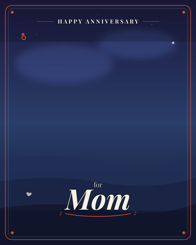 A quiet night scene shows deep indigo sky fading into rolling dark hills, with two soft glowing clouds hovering above the horizon and faint stars…, a anniversary e-card design by @DittyCityTeam