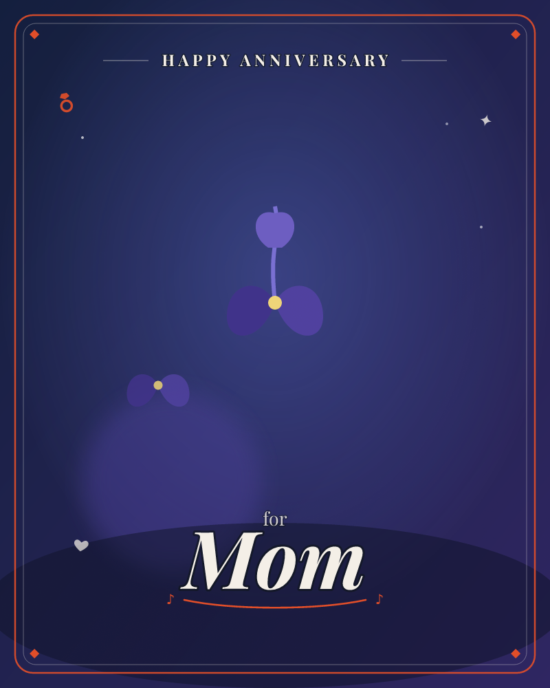 A deep indigo night sky glows softly over a dark hilltop silhouette, with a few faint stars scattered above, a anniversary e-card design by @DittyCityTeam