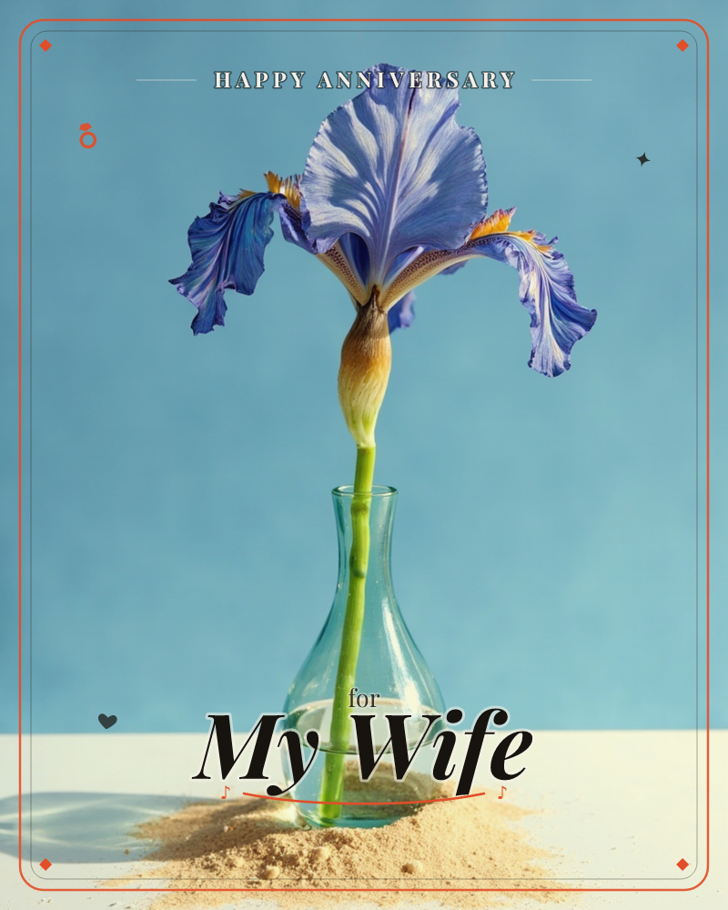 A single purple iris stands in a small glass vase, its ruffled petals catching bright, direct light against a flat sky-blue background, a anniversary e-card design