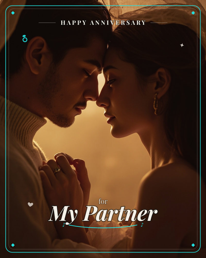 Golden dusk light, a man and woman forehead to forehead beneath sheer veils, breath held close, hands entwined around a ring, a anniversary e-card design by @DittyCityTeam