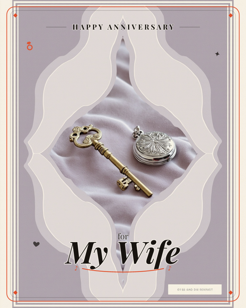 An ornate brass skeleton key rests beside a silver engraved pocket watch on rumpled pale satin fabric, framed within a scalloped diamond border, a anniversary e-card design
