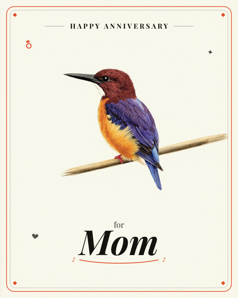 A small kingfisher perches sideways on a slender bare branch, its rust-red head and white throat giving way to a violet-blue back and warm orange breast, a anniversary e-card design