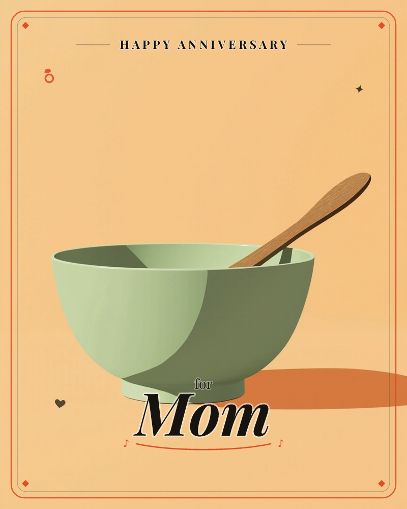 A simple sage-green mixing bowl sits against a warm apricot background, a wooden spoon propped against its rim, a anniversary e-card design