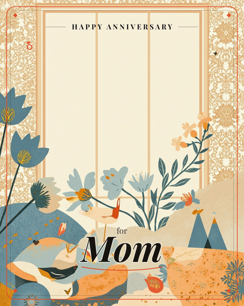 A folk-art illustration frames a blank cream panel like a folding screen, set against an ornate damask wallpaper of scrolling gold vines, a anniversary e-card design