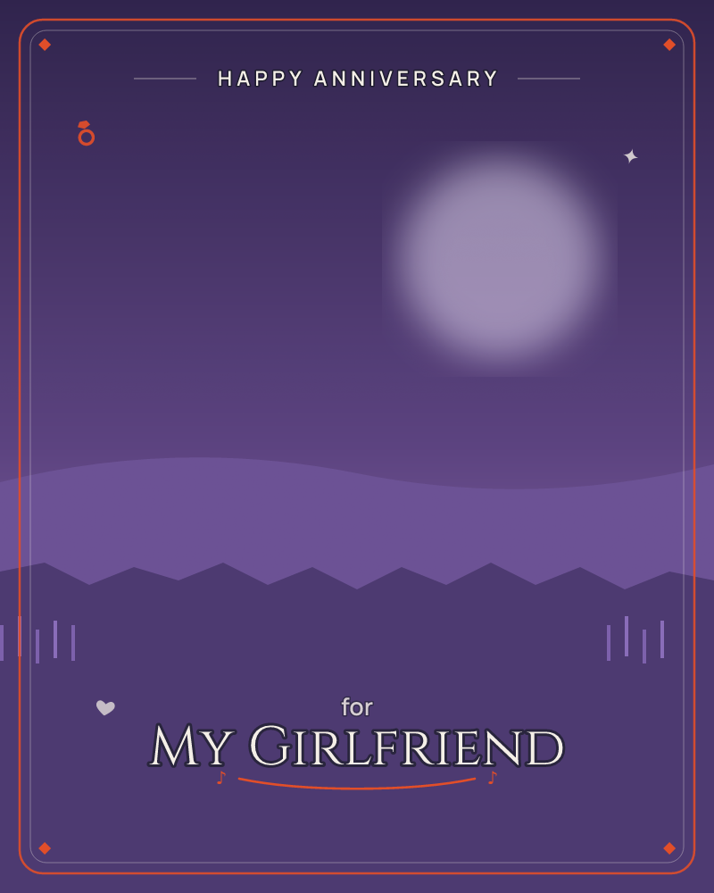 A hazy full moon glows above a rolling purple landscape, with a jagged mountain ridge silhouetted against a softer hill behind it, a anniversary e-card design by @DittyCityTeam