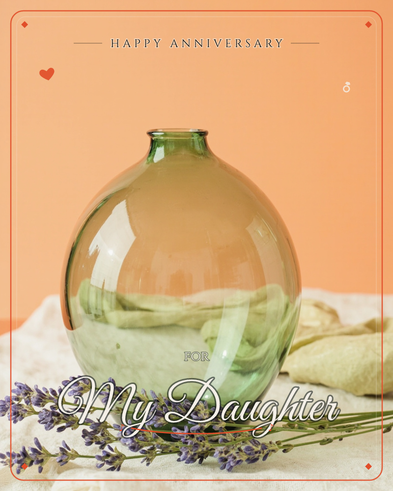 A round green glass vase sits on a folded cream cloth against a warm orange background, with a few sprigs of dried lavender resting against its base, a anniversary e-card design
