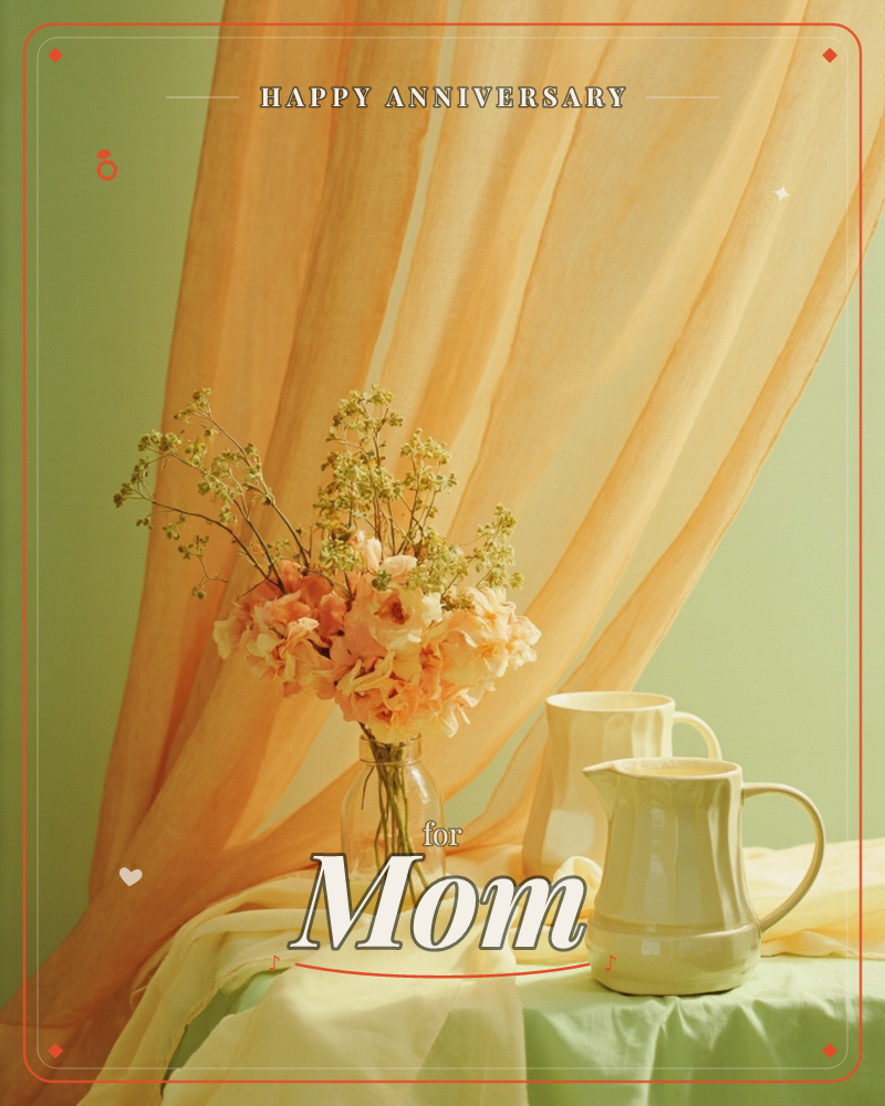 A still life of peach hydrangea and sprigs of baby's breath in a small glass bottle, set against a sheer apricot curtain draped over a sage green wall, a anniversary e-card design