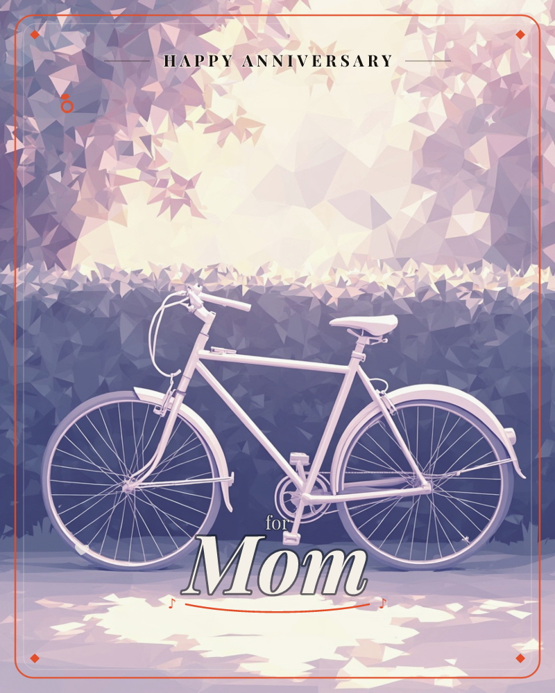 A vintage-style bicycle stands alone against a faceted, low-poly landscape of jagged violet and cream shapes suggesting trees and a glowing horizon, a anniversary e-card design