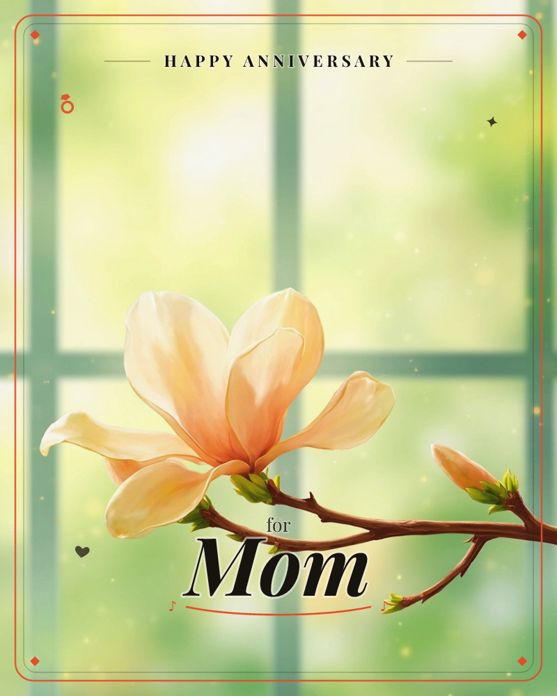 A single peach-toned magnolia bloom opens on a slender branch, set against a softly blurred window lattice with sunlit green beyond, a anniversary e-card design