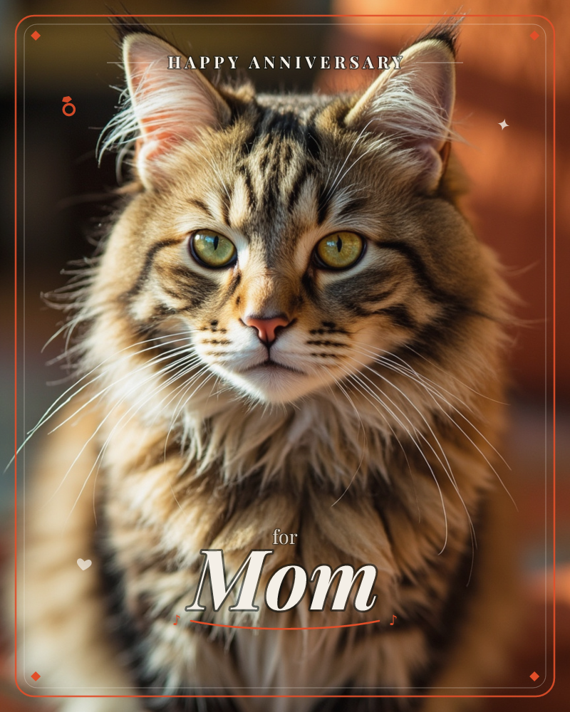 A close-up portrait of a long-haired tabby cat with striking green eyes and tufted ear fur, lit by warm golden light against a soft rust-orange blurred…, a anniversary e-card design