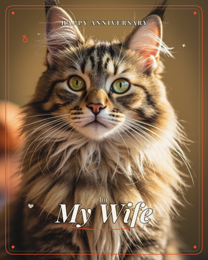A close-up portrait of a long-haired tabby cat with tufted ear tips and striking green eyes, lit by warm golden light against a softly blurred brown…, a anniversary e-card design
