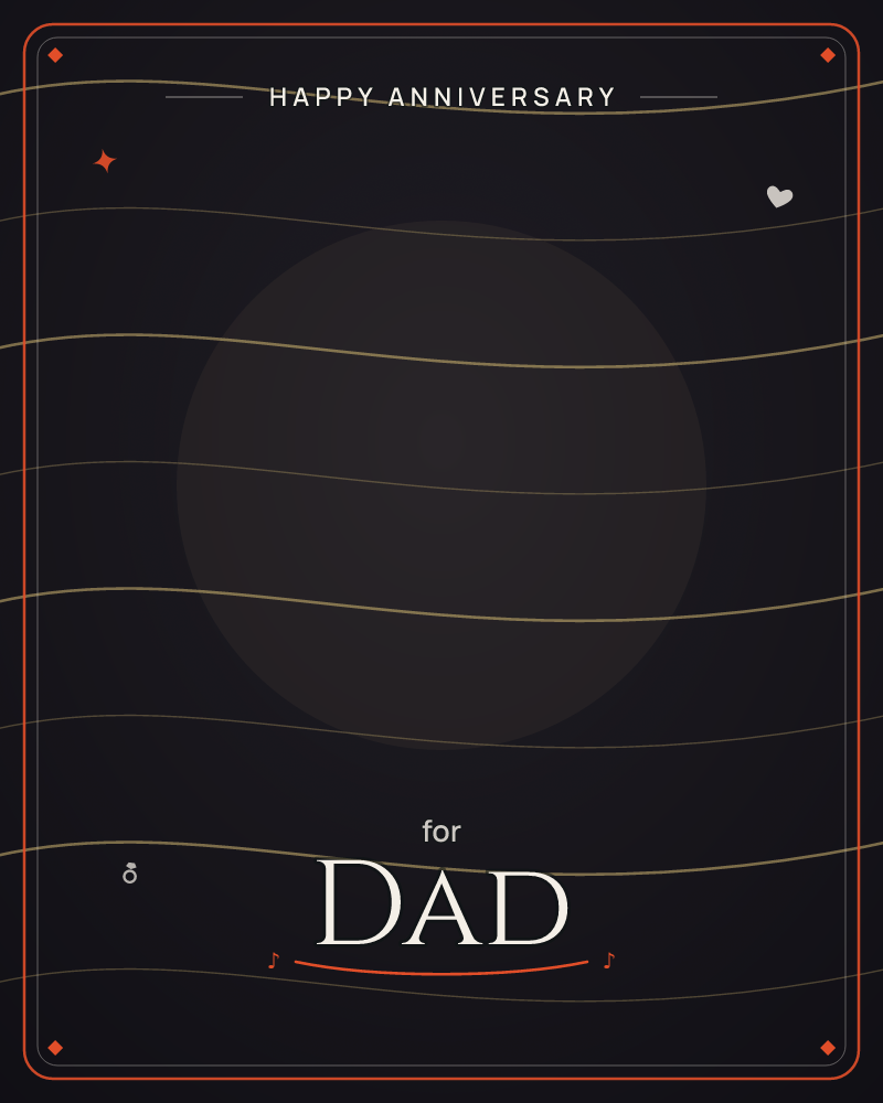A faint, glowing orb hovers against a near-black background, crossed by thin gold wavy lines that ripple like distant horizon bands or slow radio waves, a anniversary e-card design by @DittyCityTeam
