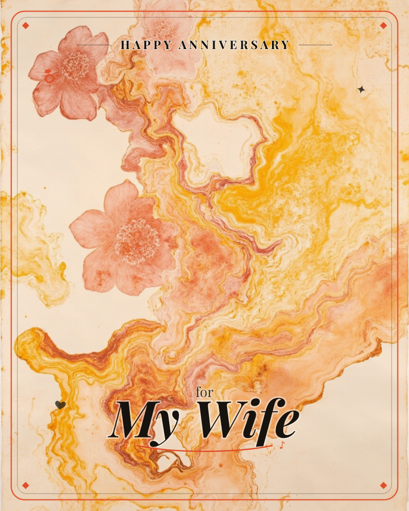 Marbled rivers of amber and coral pigment ripple across a cream ground, pooling and forking like tide lines, while three loose pink blossoms drift…, a anniversary e-card design