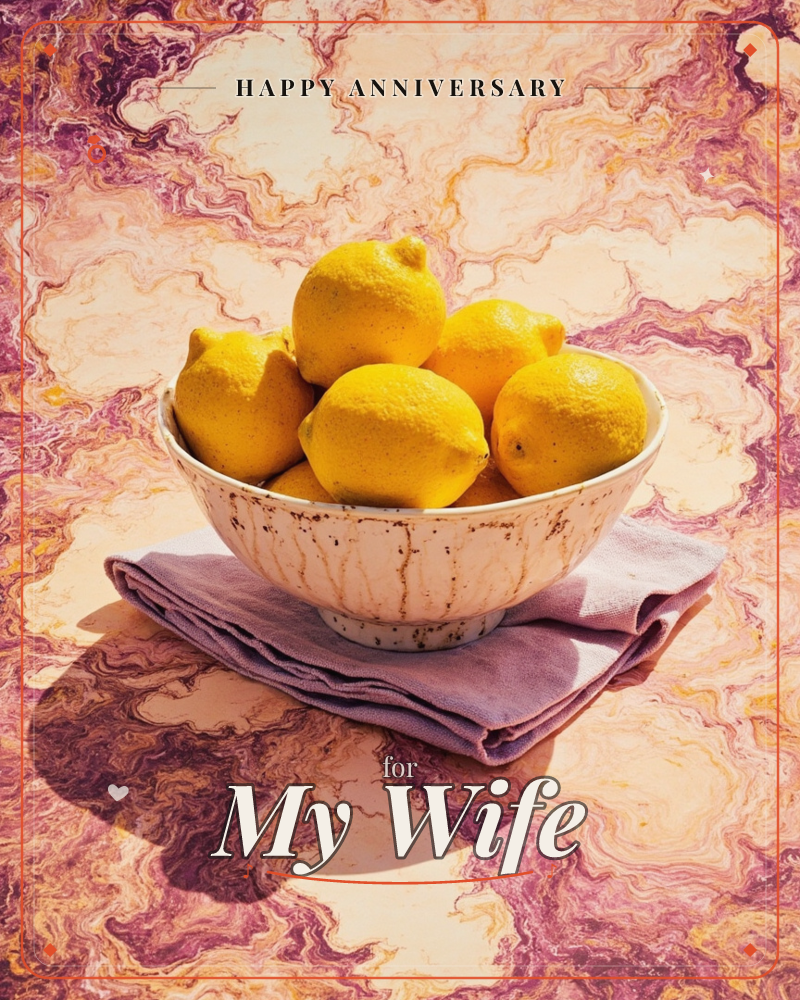 A speckled ceramic bowl piled high with bright yellow lemons sits on a folded mauve linen cloth, set against a swirling marbled backdrop of pink, cream…, a anniversary e-card design