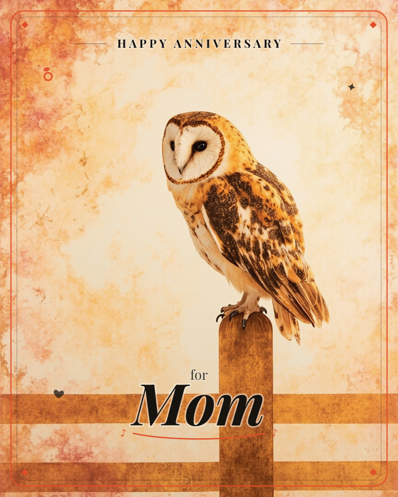 A barn owl perches on a weathered wooden fence post, its heart-shaped face turned to the side against a warm, mottled amber background, a anniversary e-card design