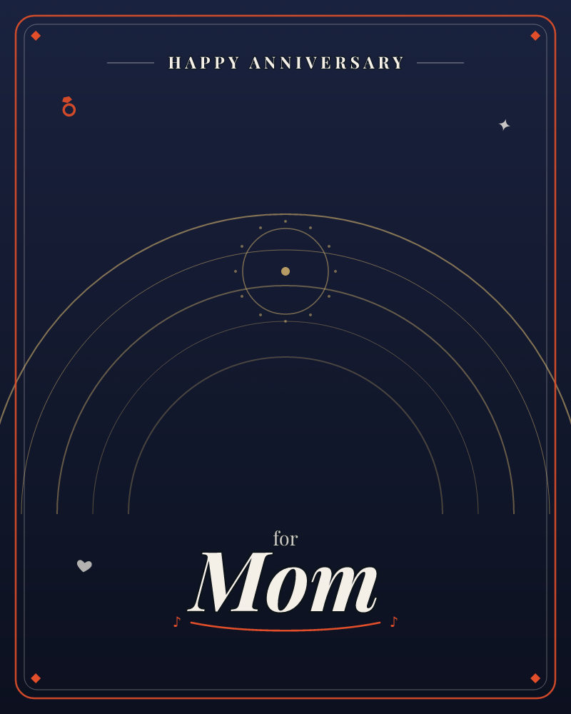 A deep navy background holds a small golden sun encircled by a ring of tiny dots, from which four thin gold arcs sweep outward like orbit paths across…, a anniversary e-card design by @DittyCityTeam