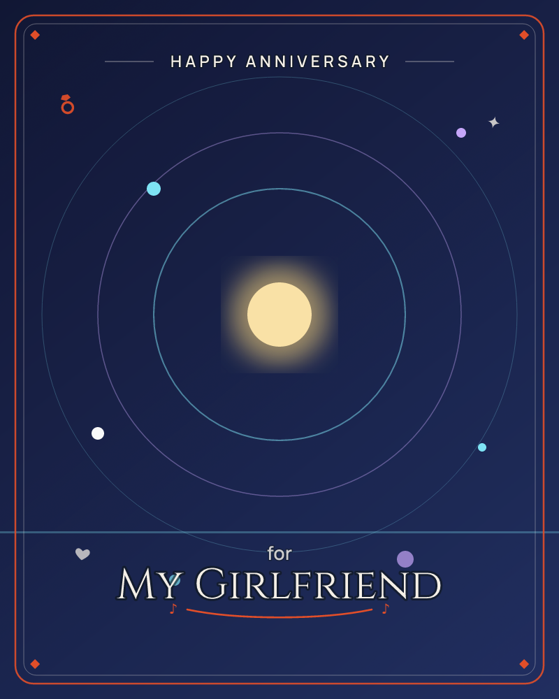 A glowing golden sun sits at the centre of two thin orbital rings on a deep midnight-blue background, with small coloured dots of cyan, white, lavender…, a anniversary e-card design by @DittyCityTeam