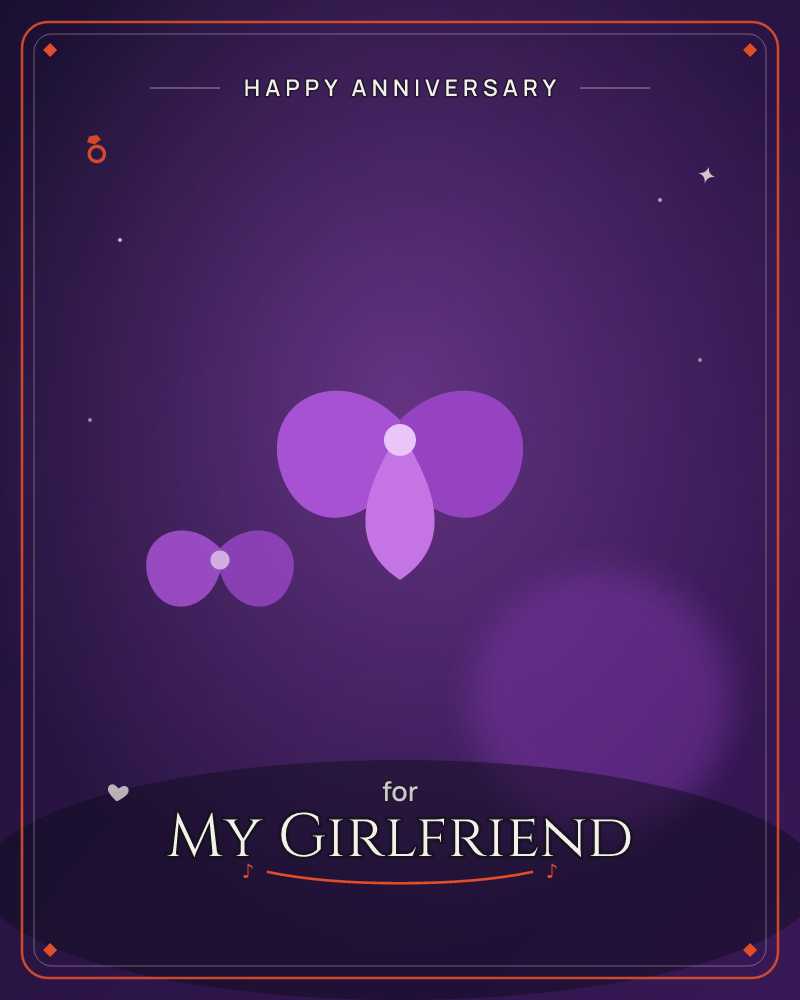 A minimal night scene glows in deep purple, with two simple butterfly shapes, one large, one small, floating above a dark curved hill, a anniversary e-card design by @DittyCityTeam