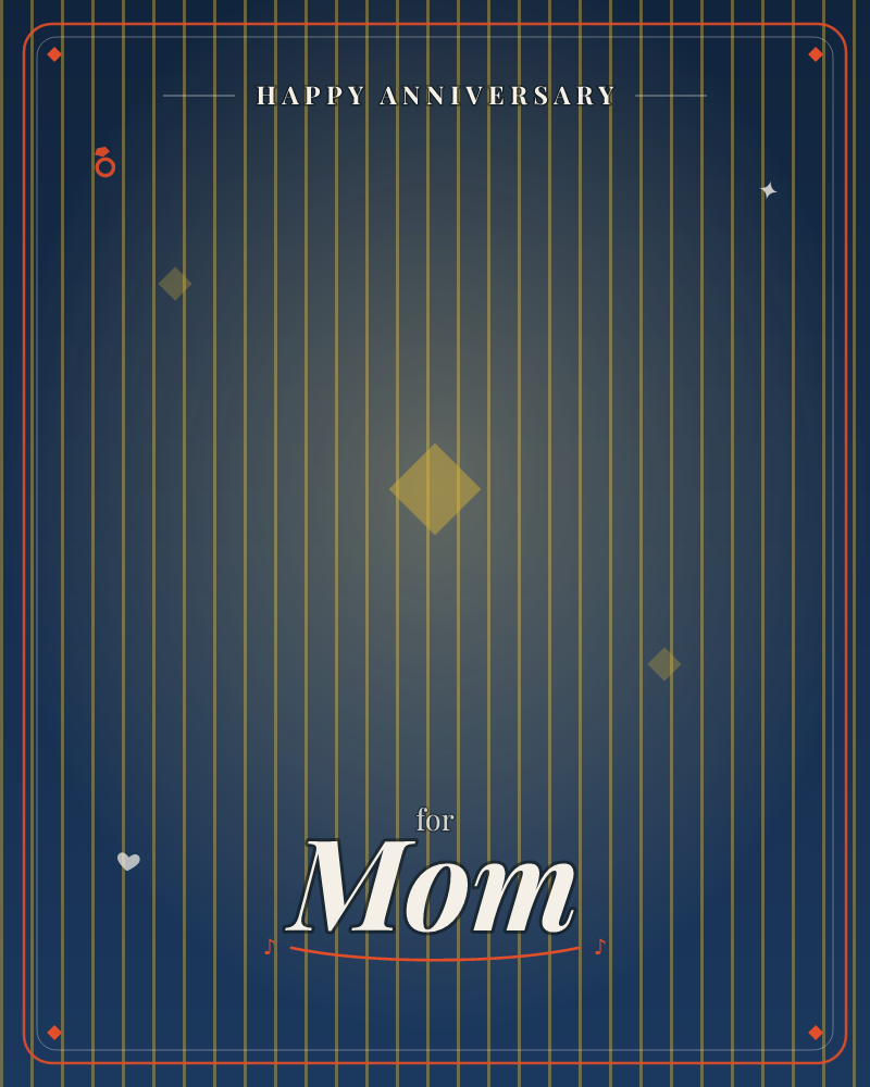 A deep navy background is ruled with fine gold pinstripes running top to bottom, glowing softly brighter toward the centre like a curtain lit from behind, a anniversary e-card design by @DittyCityTeam