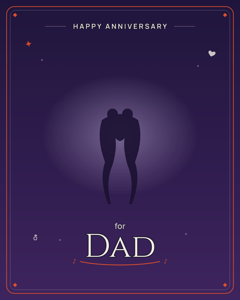 Two silhouetted figures stand forehead to forehead in a soft glow of purple light, their forms merging into one shape at the center of a dark…, a anniversary e-card design by @DittyCityTeam