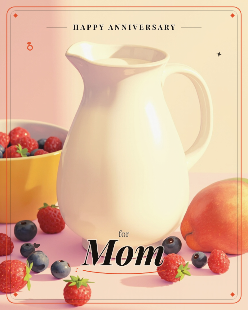 A cream ceramic pitcher stands on a soft pink tabletop, surrounded by scattered raspberries and blueberries, with a yellow bowl of berries and a ripe…, a anniversary e-card design