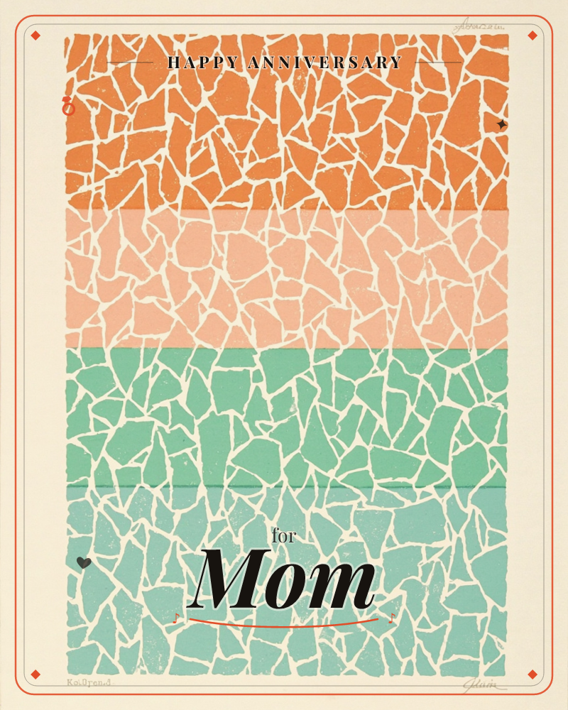 An abstract print divided into four horizontal bands of colour, each filled with a cracked, mosaic-like texture of irregular tile shapes outlined in cream, a anniversary e-card design