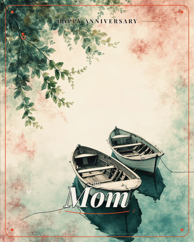 Two empty wooden rowboats sit moored side by side on still, dark water, their reflections rippling beneath them, a anniversary e-card design